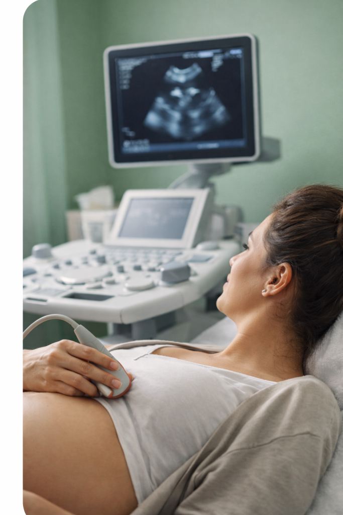 Woman undergoing a pregnancy ultrasound scan in a calm clinical setting at Phoenix Women’s Health.