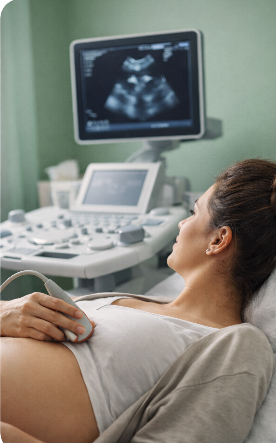Woman undergoing a pregnancy ultrasound scan in a calm clinical setting at Phoenix Women’s Health.