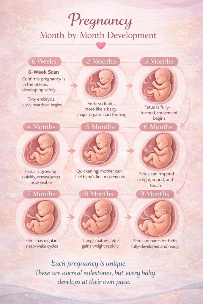 Pregnancy month-by-month development illustration used by Phoenix Women’s Health Clinic to explain how a baby changes throughout pregnancy and why early scans matter.