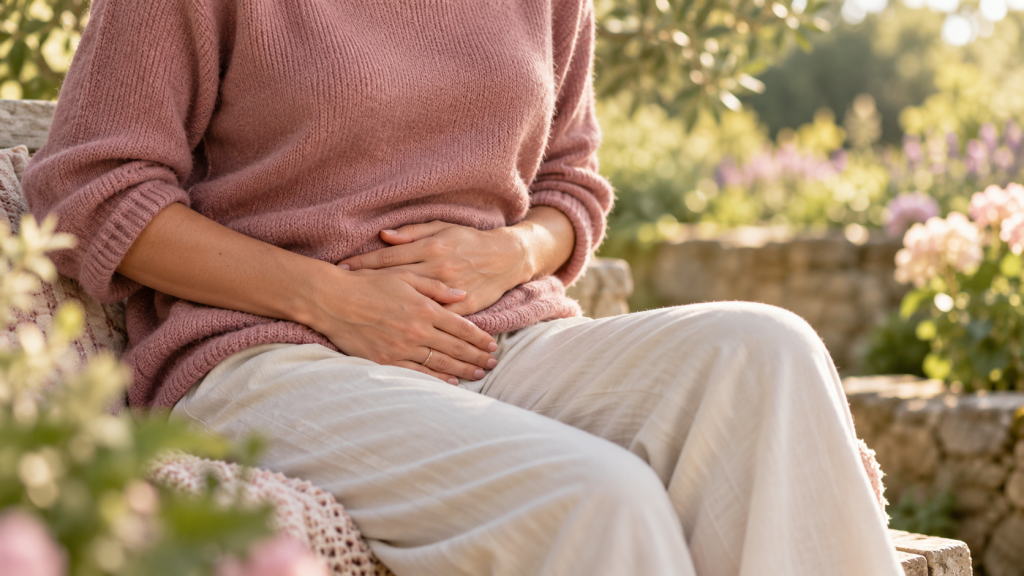Woman resting her hands over her lower abdomen, representing pelvic pain and endometriosis assessment at Phoenix Women’s Health in Watford